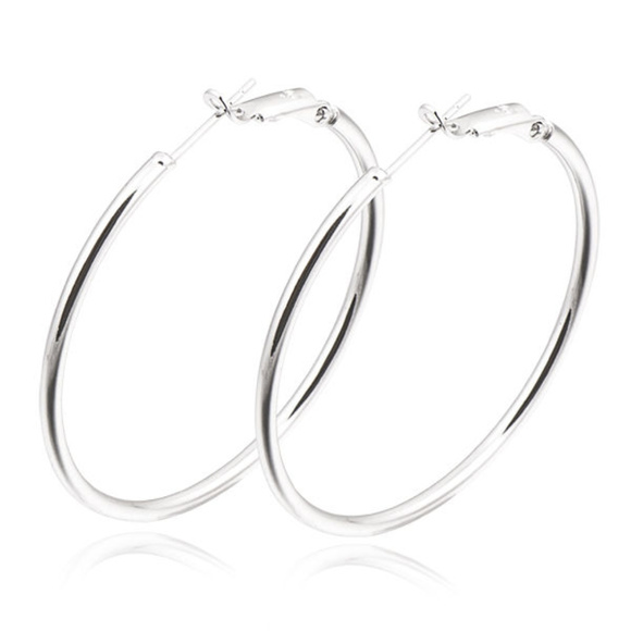 18K White Gold Hoop Earrings 1.88" Hypoallergenic! - Picture 2 of 2